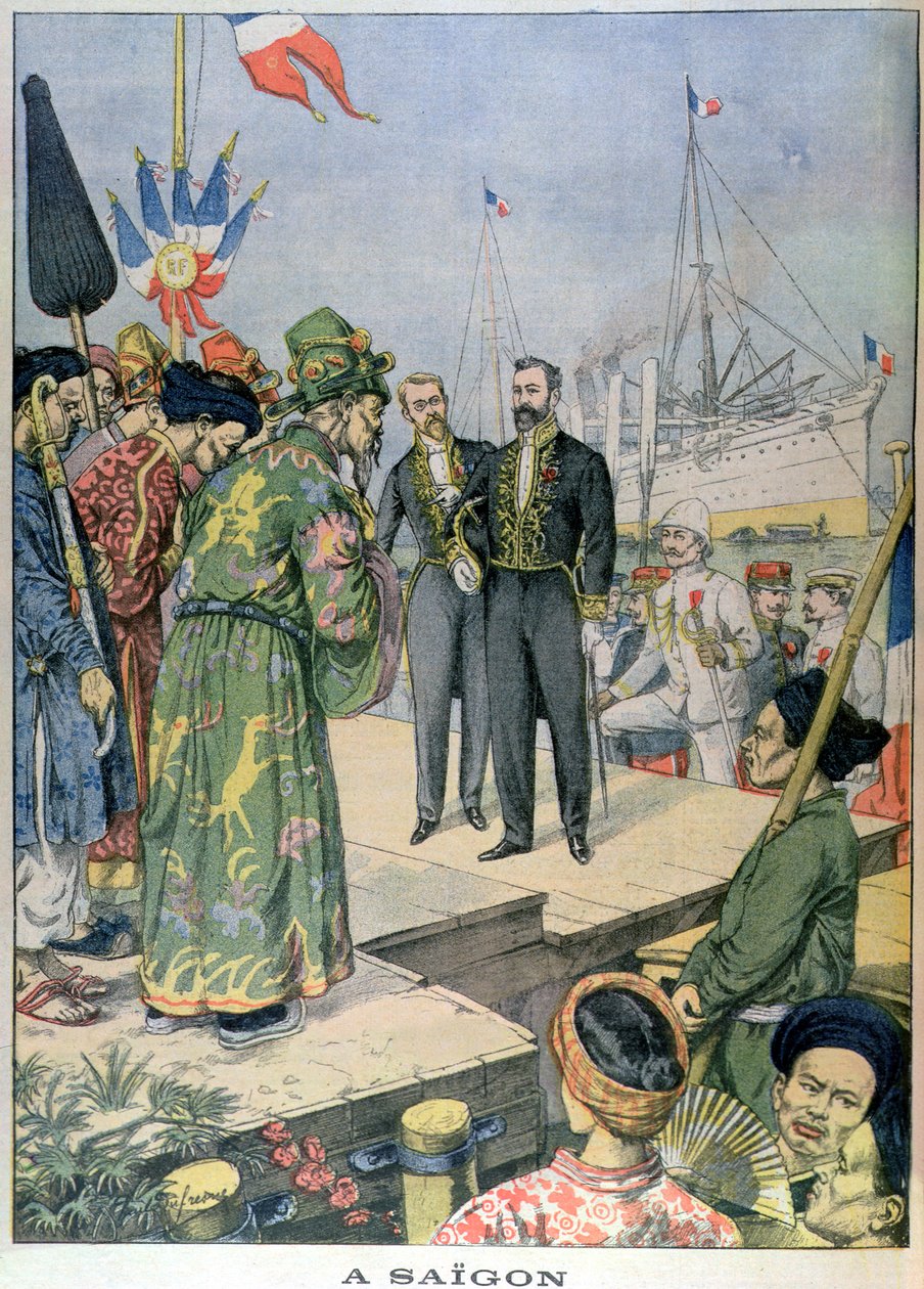 Przyjazd do Sajgonu Paula Beau (1857-1927), gubernatora generalnego Indochin 1902-07, z "Le Petit Journal", listopad 1902 (rycina kolorowa) autorstwa Charles Georges Dufresne