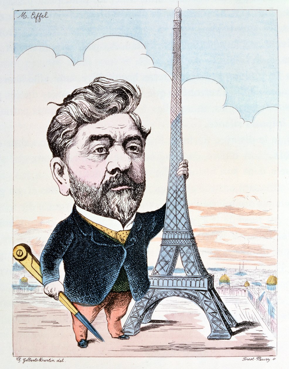 Gustave Eiffel (1832-1923) ze swoją najbardziej znaną konstrukcją, Wieżą Eiffla, wyrytą przez Forest Fleury autorstwa Charles Gilbert Martin