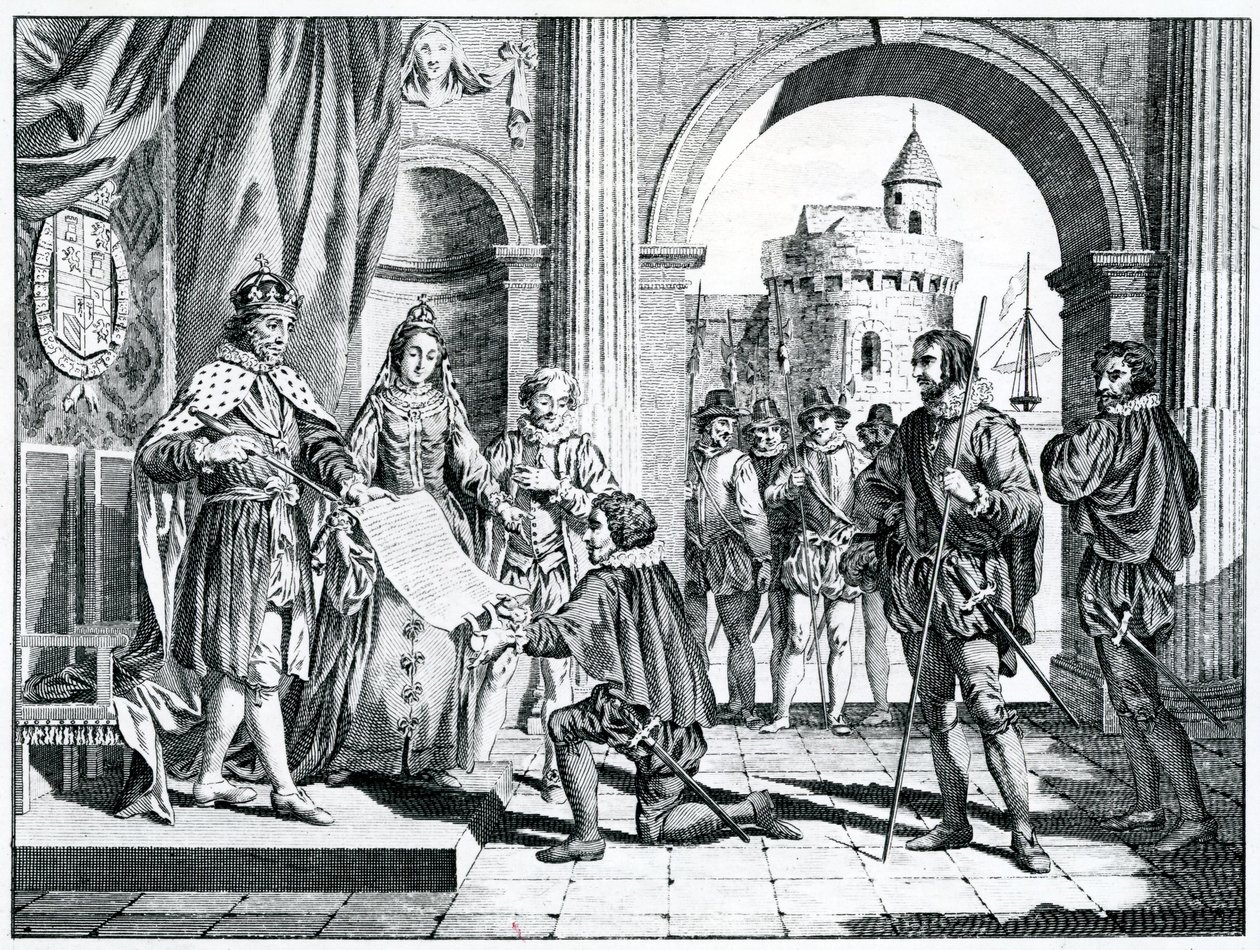 Krzysztof Kolumb (1451-1506) przedstawiający królowi i królowej Hiszpanii relację o odkryciu Ameryki autorstwa Charles Grignion