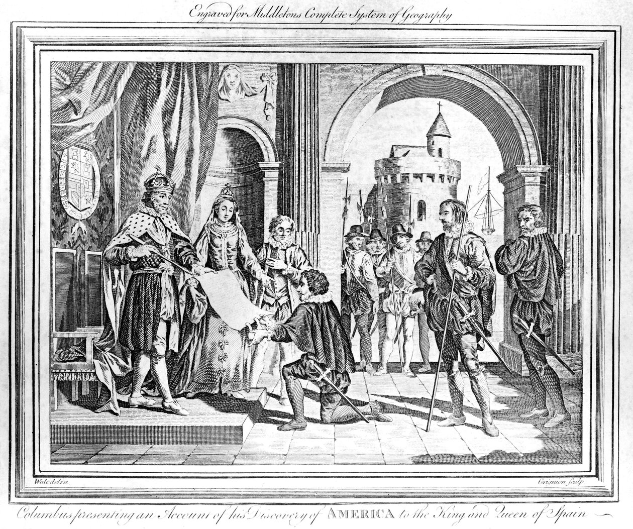 Krzysztof Kolumb (1451-1506) przedstawiający królowi i królowej Hiszpanii relację o odkryciu Ameryki autorstwa Charles Grignion