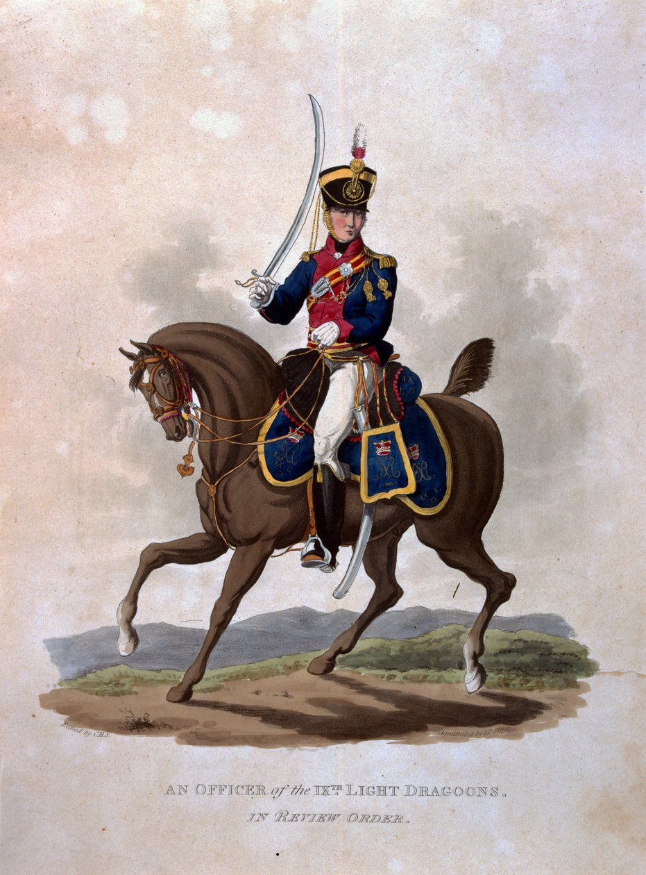 Oficer 9. Pułku Lekkich Dragonów w Rewizji Zakonu, z „Kostiumy Armii Imperium Brytyjskiego, zgodnie z ostatnimi przepisami z 1812 r.”, sztychowane przez J.C. Stadlera, opublikowane przez Colnaghi und Co. 1 autorstwa Charles Hamilton Smith