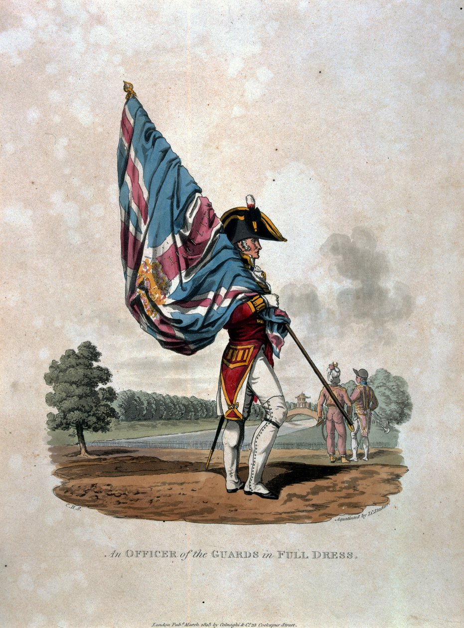 Oficer gwardii w pełnym umundurowaniu, z "Costumes of the Army of the British Empire, according to the last regulations 1812", rycina J.C. Stadlera, wydana przez Colnaghi und Co. 1812-15 (kolor autorstwa Charles Hamilton Smith