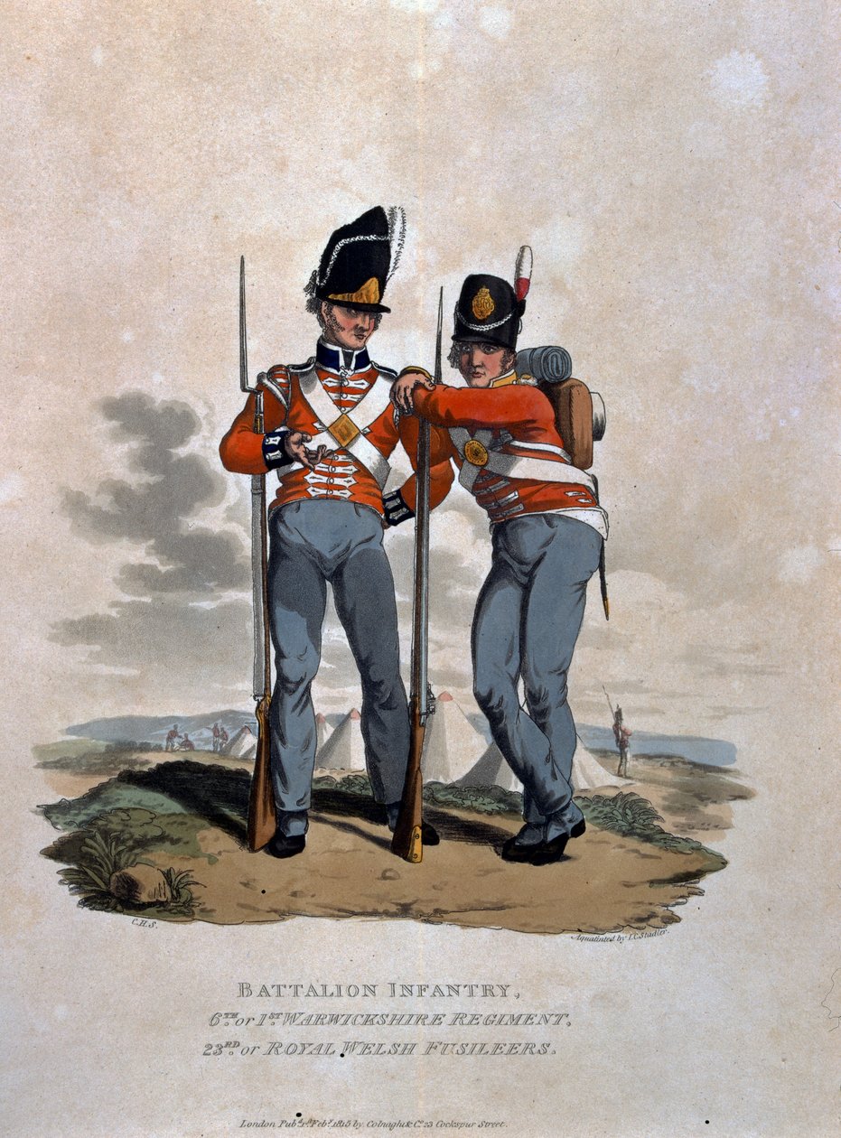 Batalion Piechoty 6 Pułku i 23 (lub Królewskich Fizylierów Walii), z „Kostiumy Armii Imperium Brytyjskiego, według ostatnich przepisów z 1812 r.”, sztychowane przez J.C. Stadlera, wydane przez C. autorstwa Charles Hamilton Smith