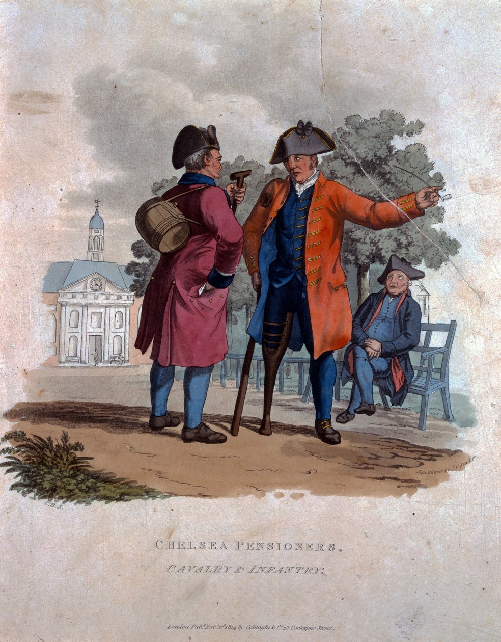 Chelsea Pensioners, Cavalry and Infantry, z „Kostiumy armii Imperium Brytyjskiego, według ostatnich przepisów z 1812 r.”, sztychowane przez J.C. Stadlera, wydane przez Colnaghi und Co. 1812-15 (kolor autorstwa Charles Hamilton Smith