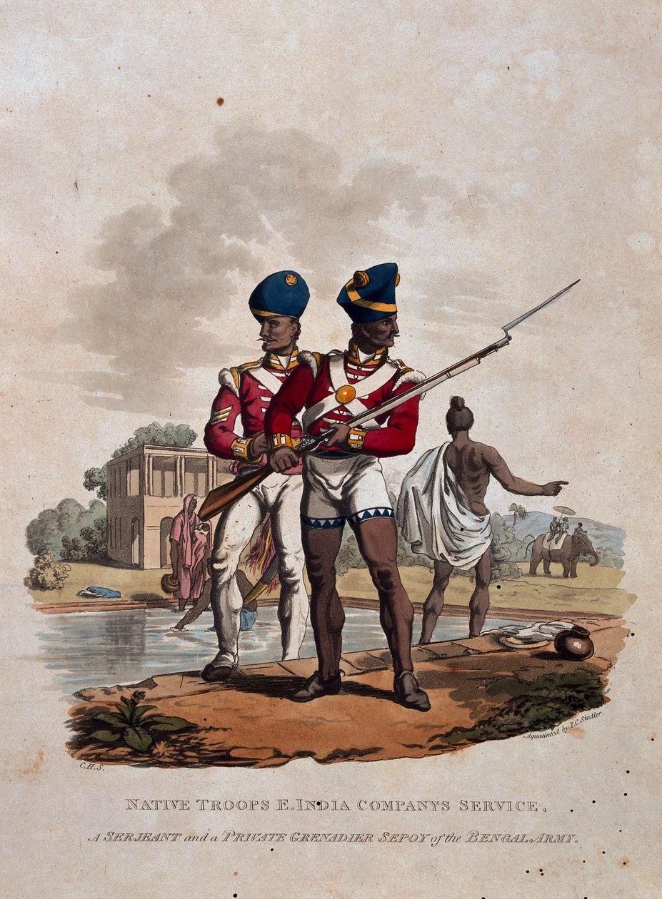 Rdzenni żołnierze, Służba Kompanii Wschodnioindyjskiej, Sierżant i szeregowy grenadier Sipoj z Armii Bengalskiej, z „Kostiumy Armii Imperium Brytyjskiego, zgodnie z ostatnimi przepisami z 1812 r.”, wyd. autorstwa Charles Hamilton Smith