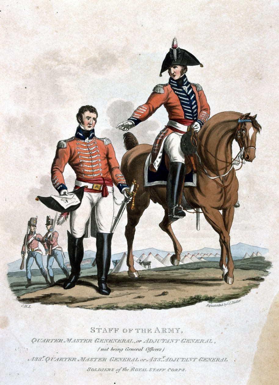 Quarter Master General i Assistant Quarter Master General, z "Costumes of the Army of the British Empire, according to the last regulations 1812", rytowane przez J.C. Stadler, opublikowane przez Colnaghi. autorstwa Charles Hamilton Smith