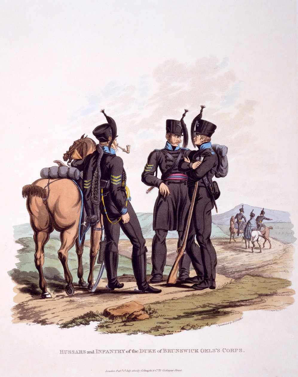 Mundur Huzarów i Piechoty oraz Korpusu Oela księcia Brunszwiku, z „Kostium Imperium Brytyjskiego według ostatnich przepisów”, wydany w 1812 r. (akwatinta ręcznie kolorowana) autorstwa Charles Hamilton Smith