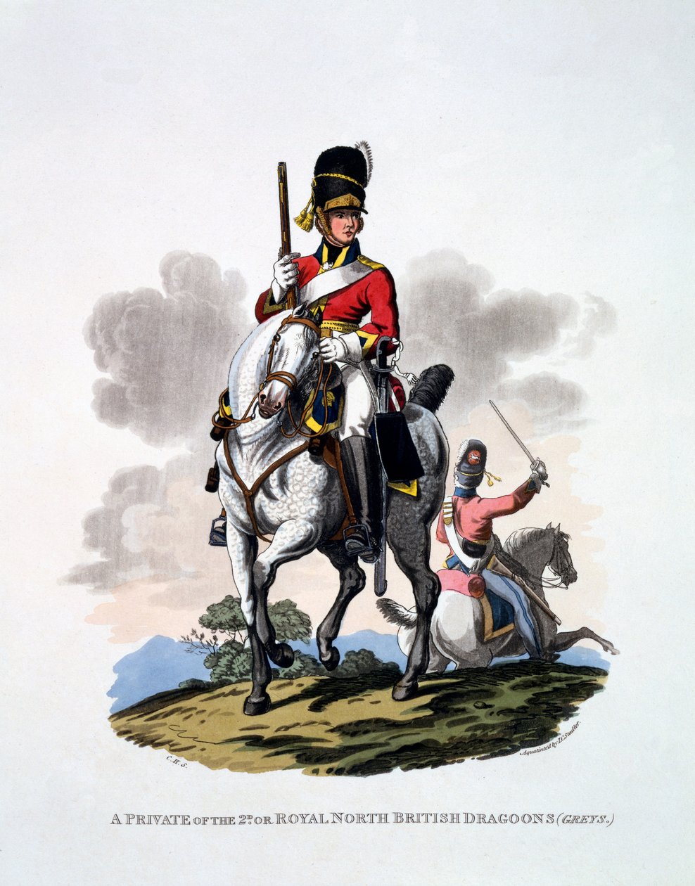 Mundur szeregowy 2. lub Królewskich Dragonów Północnych Brytyjskich, „Szaracy”, z „Kostium Imperium Brytyjskiego według ostatnich przepisów”, opublikowany w 1813 r. (akwatinta ręcznie kolorowana) autorstwa Charles Hamilton Smith