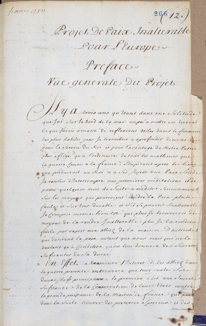 Przedmowa do Projet de Paix Inalterable pour lEurope (Projekt na rzecz niezmiennego pokoju w Europie) c.1710-13 (pióro i atrament na papierze) autorstwa Charles Irenee Castel, Abbe de Saint Pierre