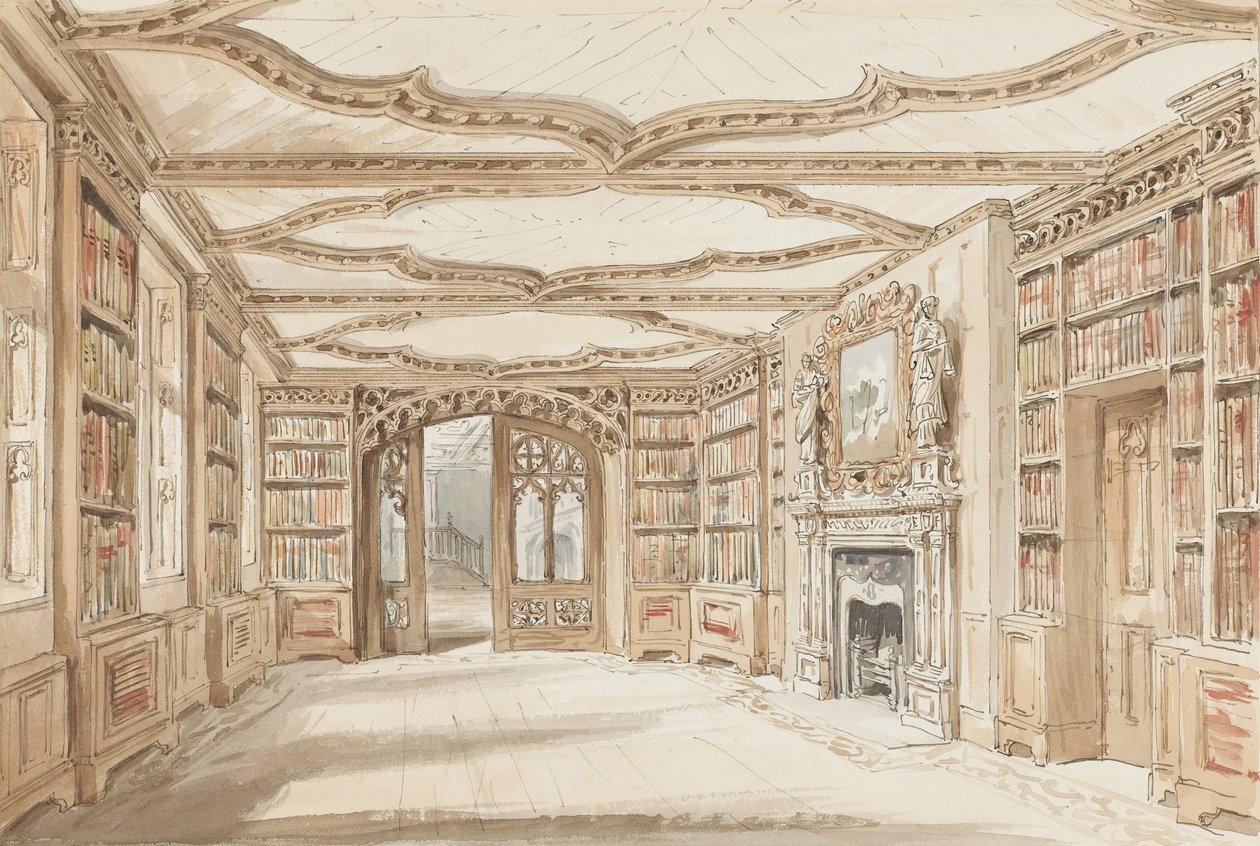 Widok wnętrza biblioteki w stylu gotyckim autorstwa Charles James Richardson