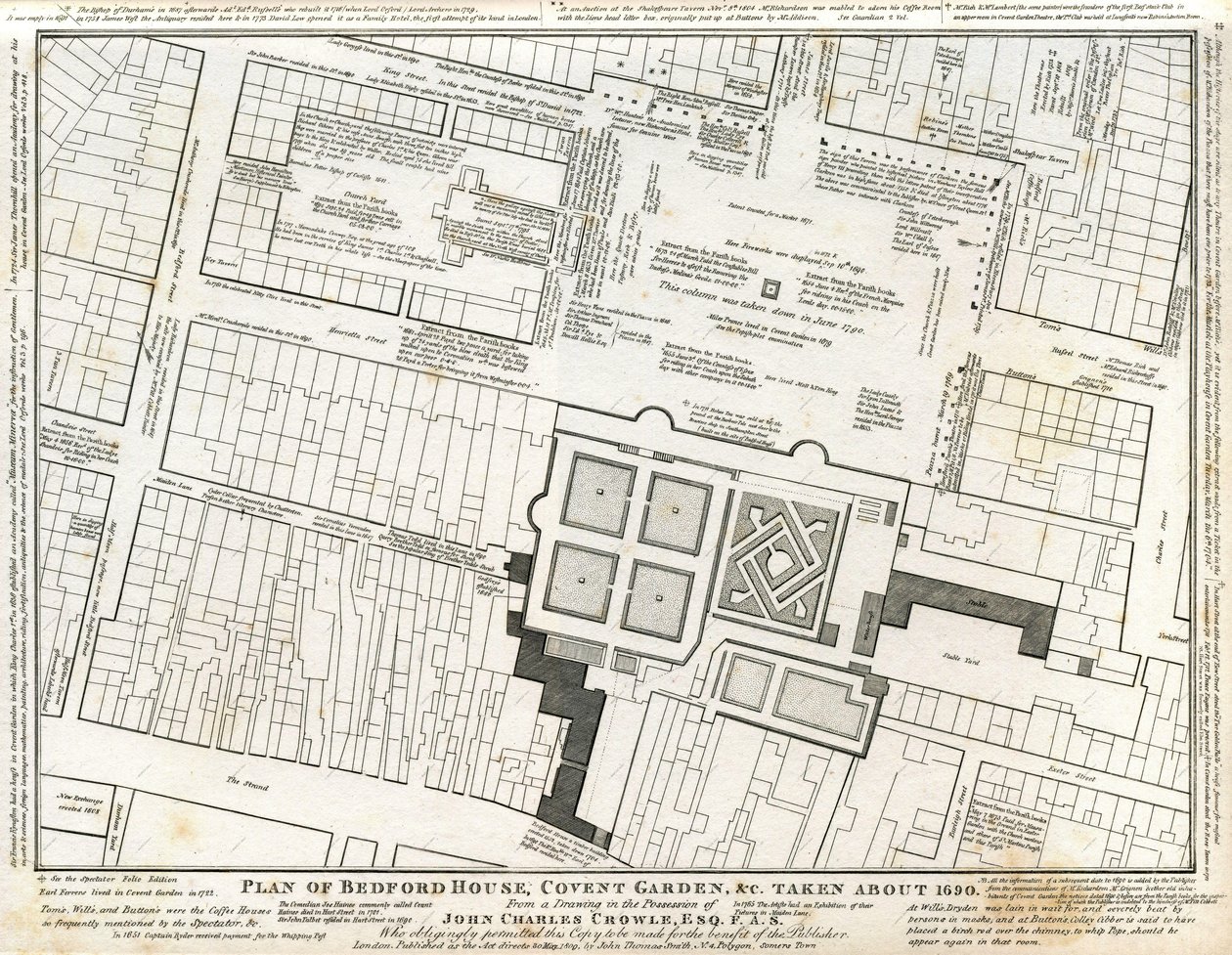 Plan Bedford House i ogrodu w Covent Garden sporządzony około 1690 roku, z późniejszymi adnotacjami autorstwa Charles John Crowle