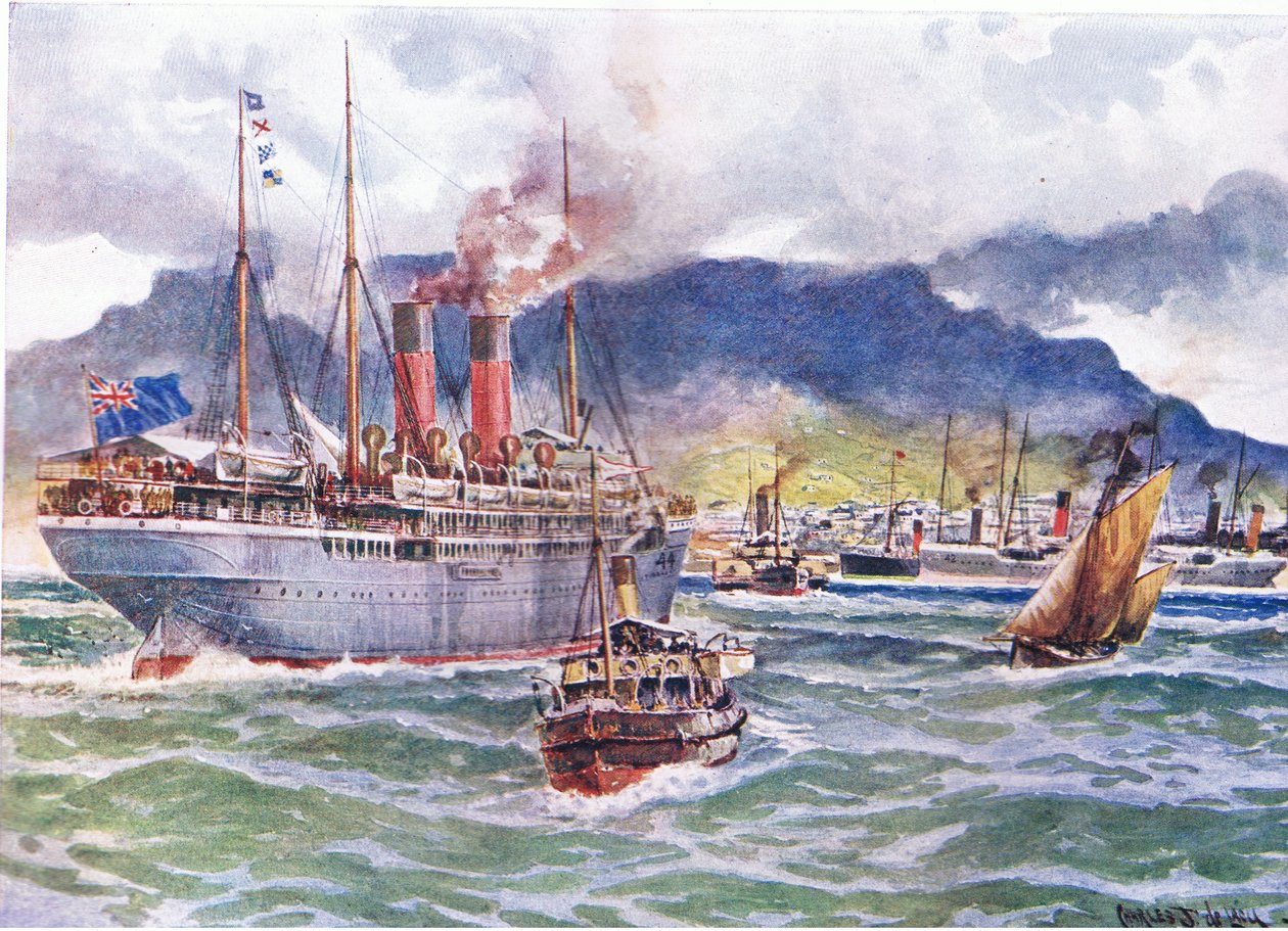 Transporty w Table Bay podczas wojny południowoafrykańskiej, ilustracja z Historii Anglii Cassella, lata 1900 autorstwa Charles John de Lacy