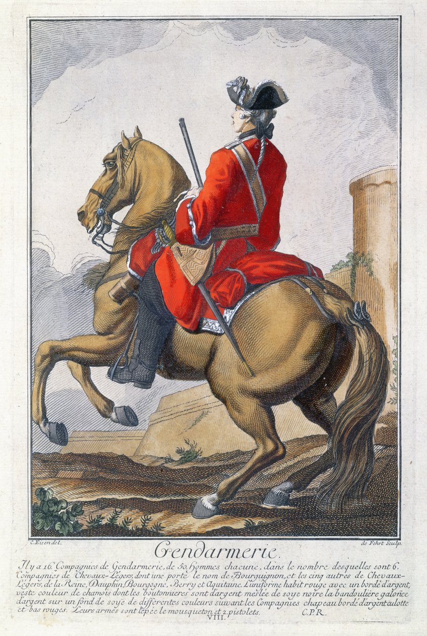 Żandarm na koniu (kolorowa grawerunek) autorstwa Charles Joseph Dominique Eisen
