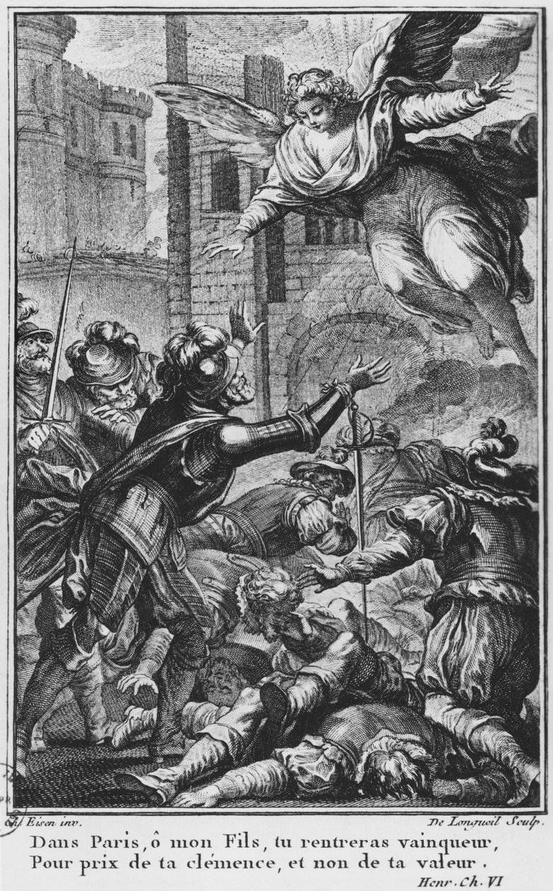 Oblężenie Paryża, objawienie św. Ludwika (1214-70) Henrykowi IV (1553-1610) rytowane przez Josepha de Longueila (1730-92) ilustracja z "La Henriade" Voltaire