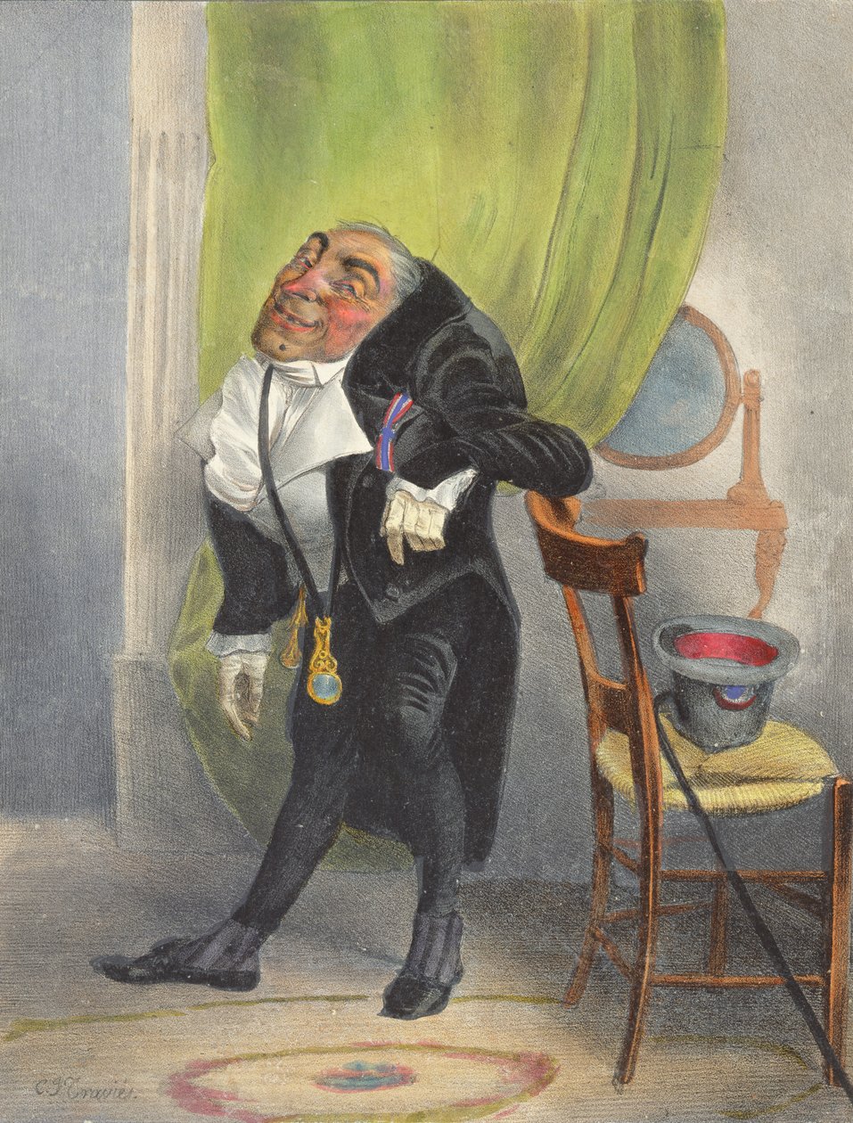 Charles Louis Philippe Henri Dieudonne Mayeux, urodzony w Paryżu 7 Fructidor An 2, Odznaczony Lys i Croix de Juillet, członek Caveau Moderne i kilku innych akademii autorstwa Charles Joseph Travies de Villiers