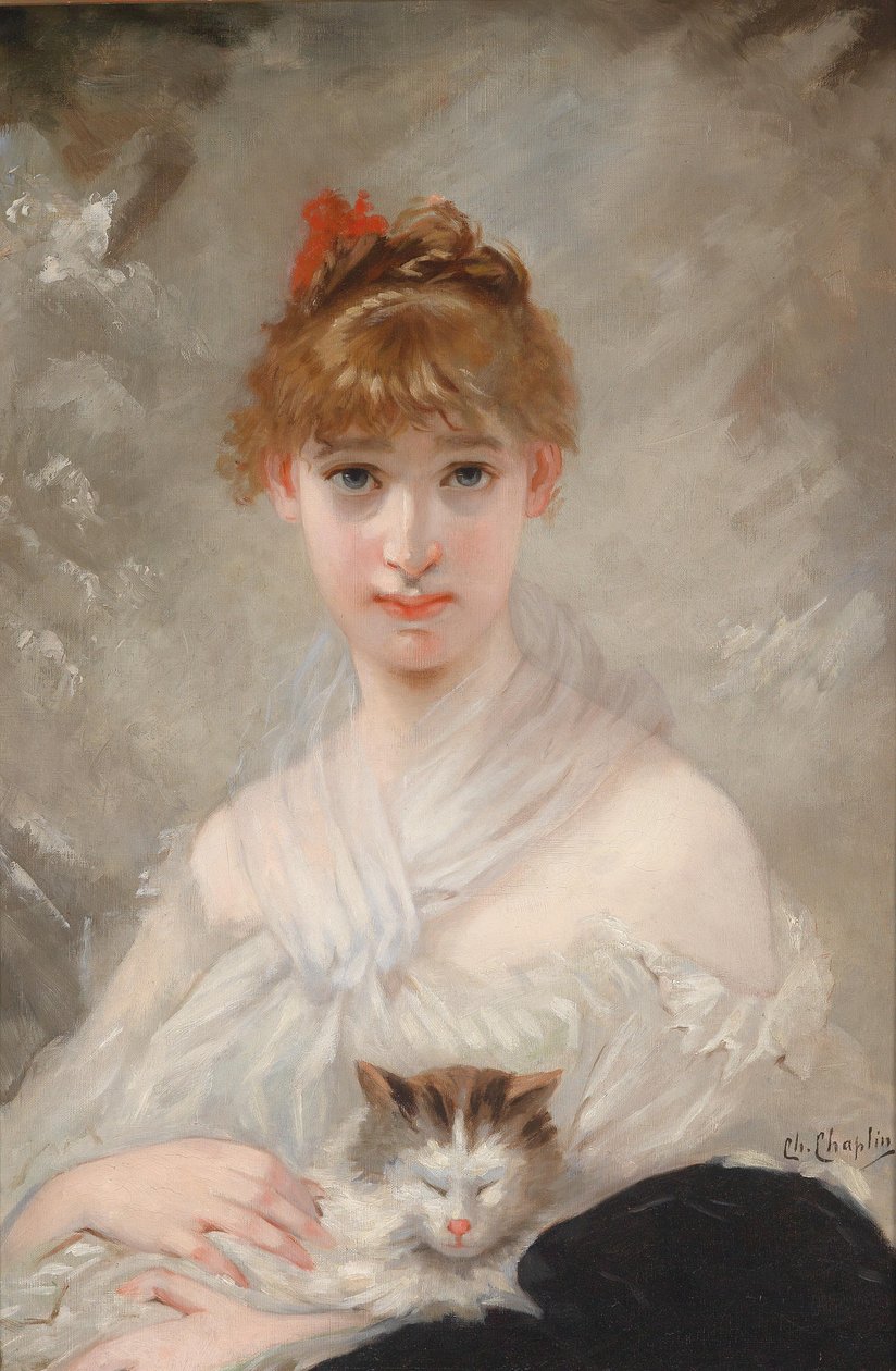 Dziewczyna z białym szalikiem i kotem w ramionach autorstwa Charles Joshua Chaplin