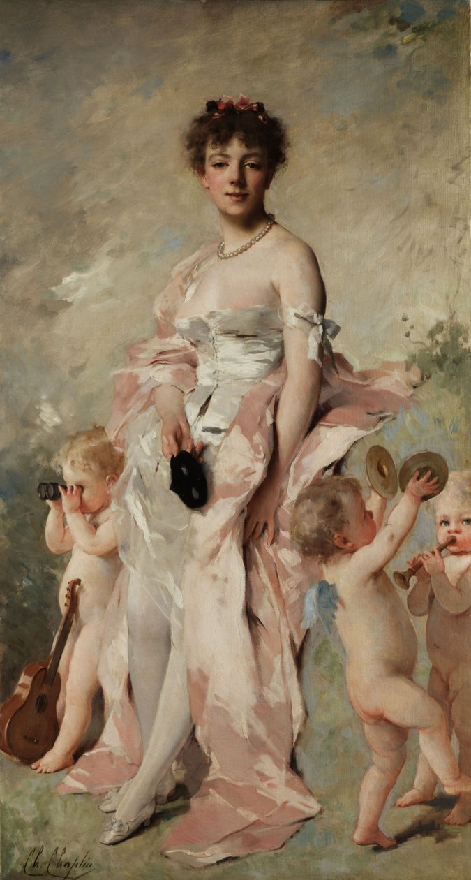 Młoda kobieta w balowej sukience z putti autorstwa Charles Joshua Chaplin