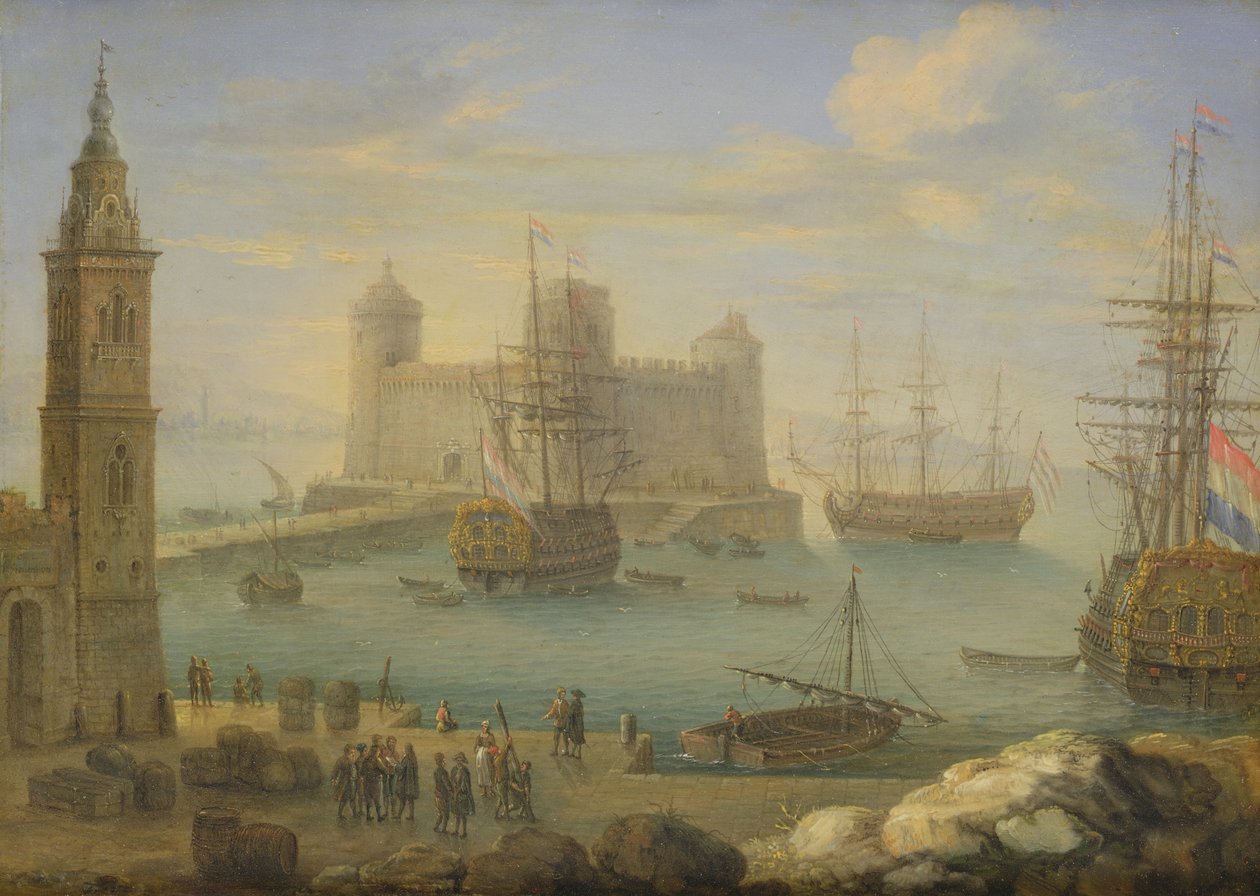 Port śródziemnomorski z ludźmi wojny (olej na miedzi) autorstwa Charles Laurent Grevenbroeck
