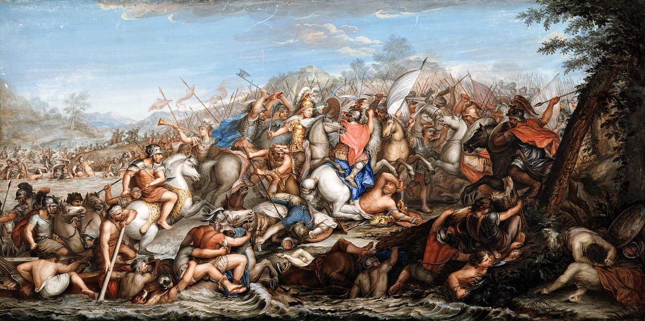 Aleksander przekraczający rzekę Granik (tempera na welinie) autorstwa Charles Le Brun
