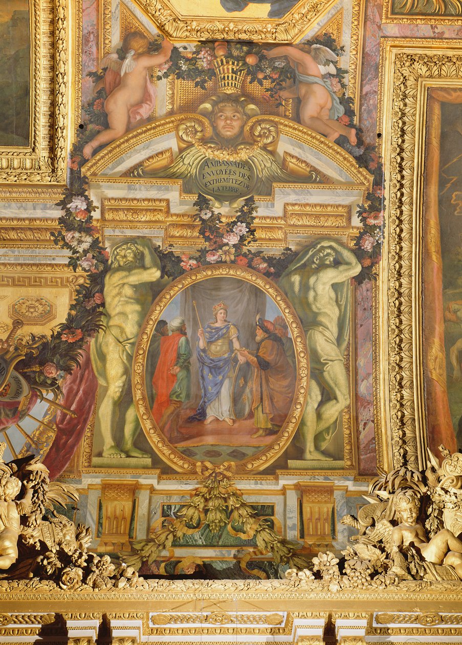 Ambasadorzy przybywający ze wszystkich zakątków świata, malowidło na suficie z Galerie des Glaces autorstwa Charles Le Brun