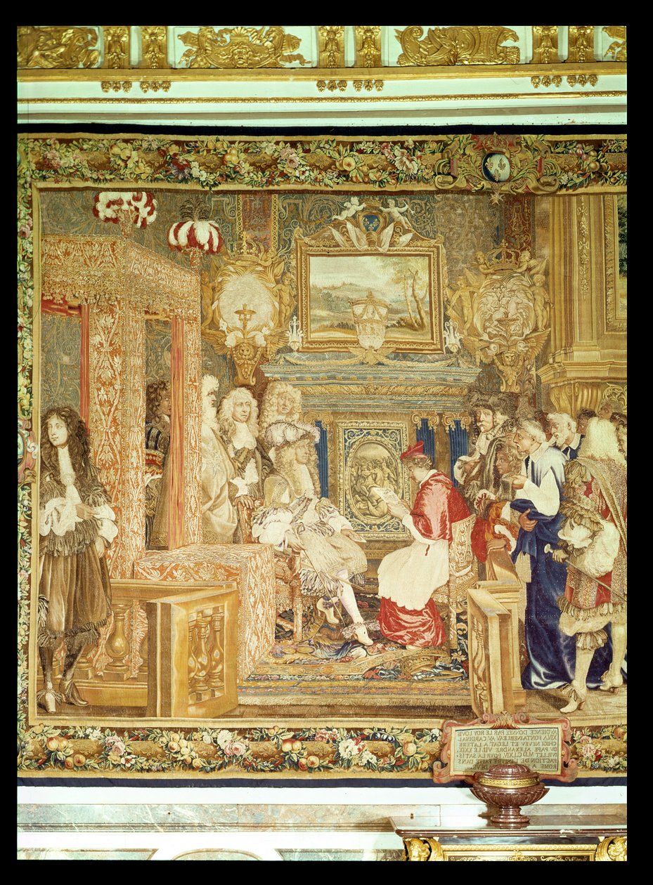 Ludwik XIV (1638-1715) otrzymujący legata papieskiego w Fontainebleau, szczegół z gobelinów, 29 lipca 1664 (gobelin) (patrz 22905) autorstwa Charles Le Brun