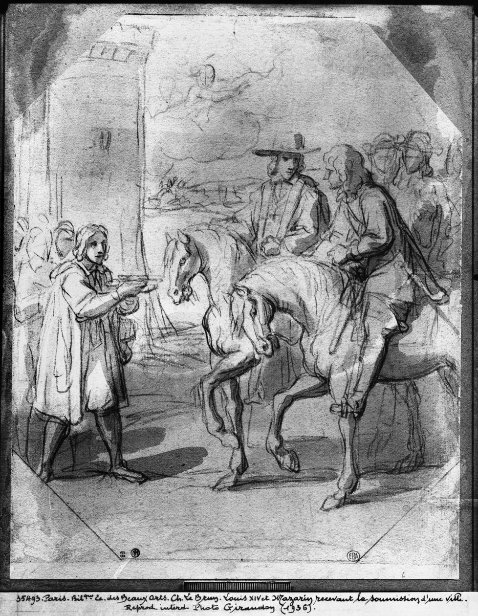 Ludwik XIV otrzymujący złożenie miasta (pióro i atrament i indyjski papier do mycia atramentu) autorstwa Charles Le Brun