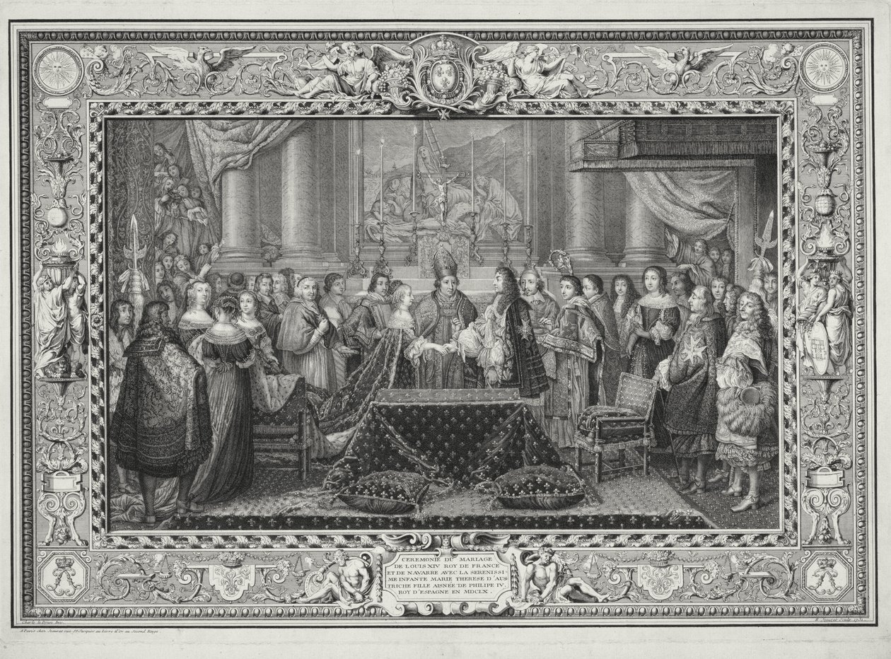 Ceremonia zaślubin Ludwika XIV (1638-1715) króla Francji i Nawarry oraz infantki Marii Teresy z Austrii (1638-83) córki Filipa IV, króla Hiszpanii w 1660, ryt B.Jeaurat, 1731 (l autorstwa Charles Le Brun