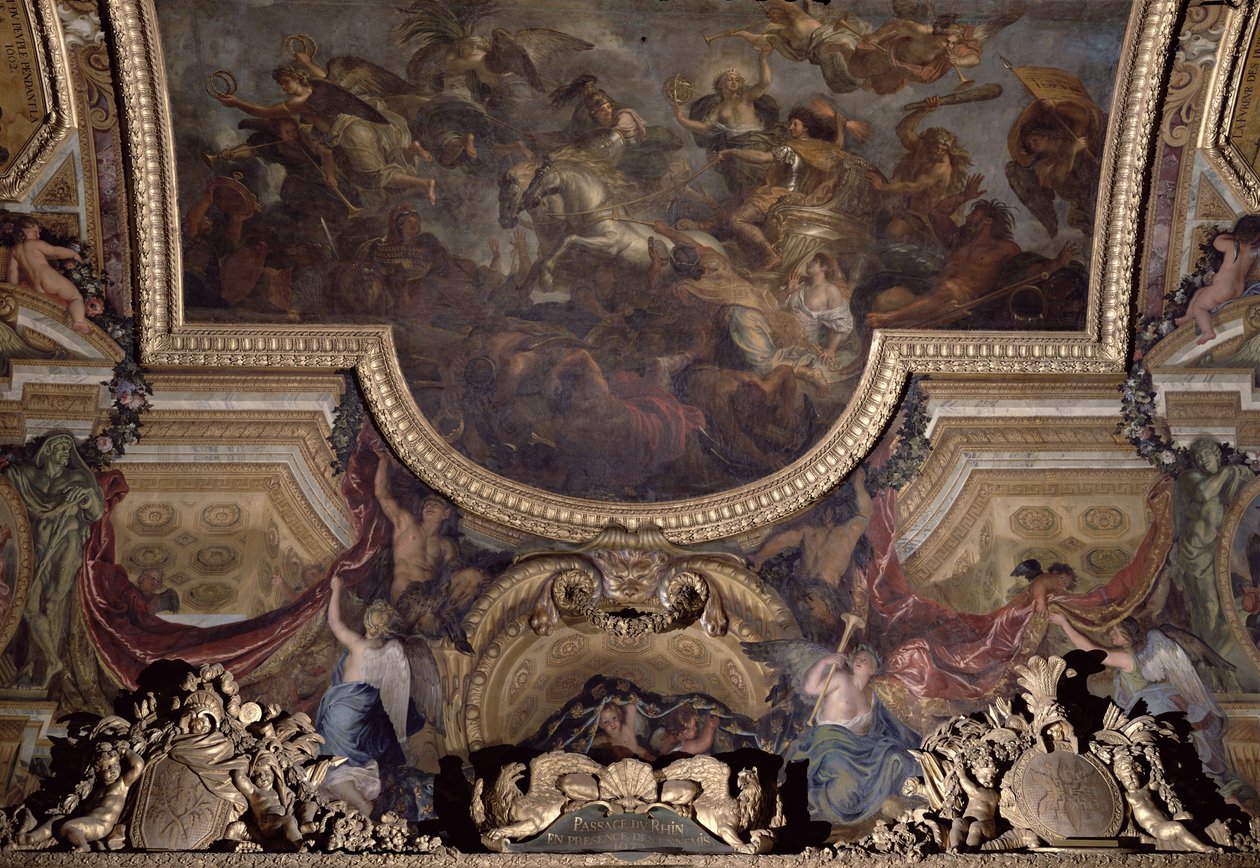 Przejście nad Renem w obecności wrogów 1672, malowidło na suficie z Galerie des Glaces autorstwa Charles Le Brun
