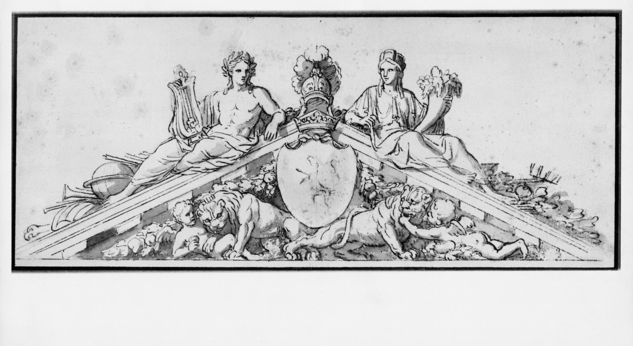 Projekt frontonu Zamku Vaux-Le-Vicomte (pióro i brązowy tusz oraz pierre noire i brązowe pranie na beżowym papierze) autorstwa Charles Le Brun