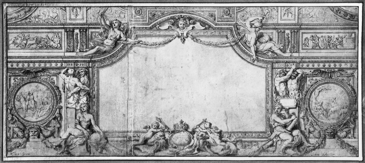 Projekt zdobionego sufitu, ok. 1663 (pióro i czarny tusz i szare pranie na brązowym papierze) autorstwa Charles Le Brun