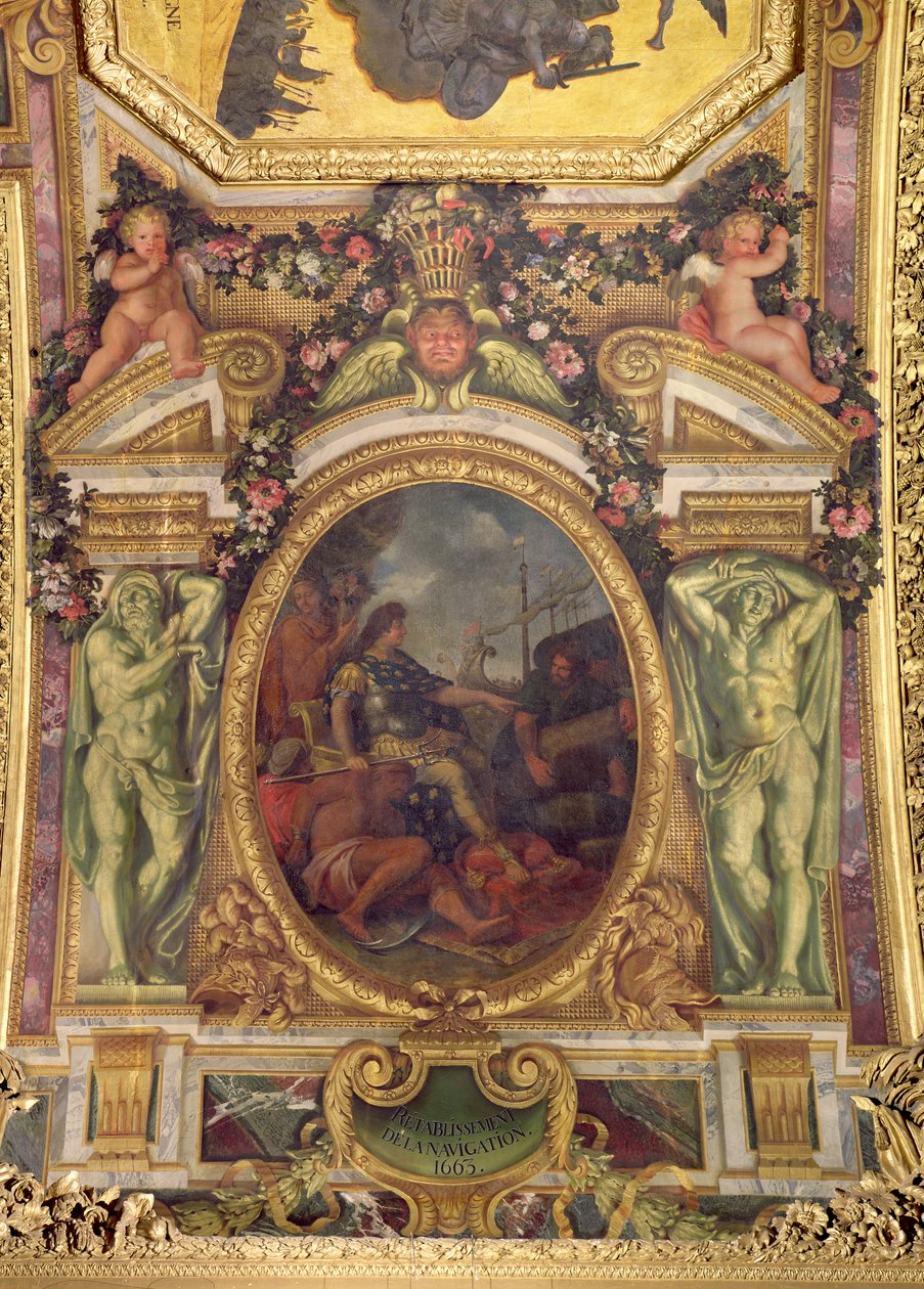 Przywrócenie praw nawigacyjnych w 1663 r., malowidło sufitowe z Galerie des Glaces autorstwa Charles Le Brun