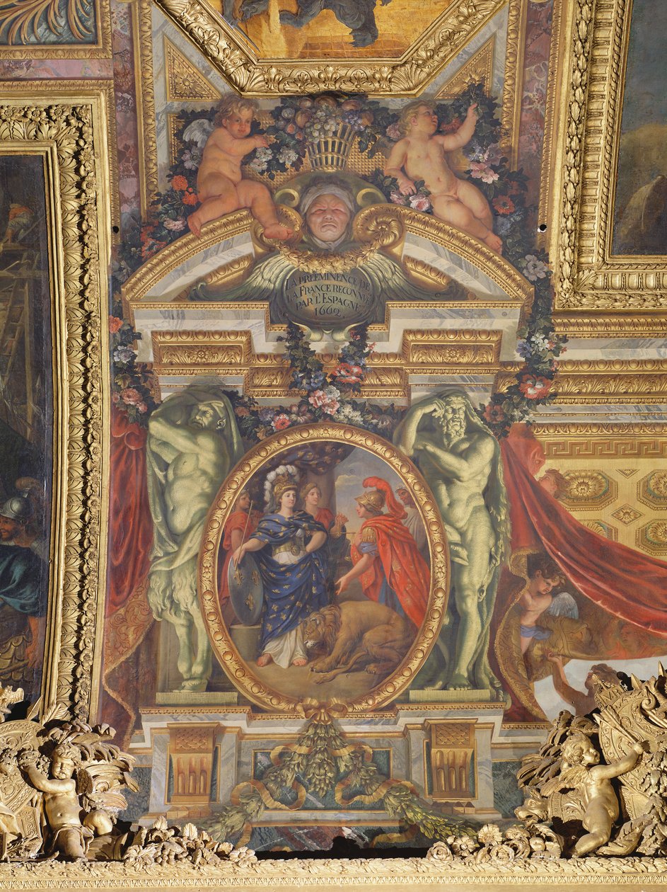Hiszpania uznająca przewagę Francji w 1662 r., malowidło sufitowe z Galerie des Glaces autorstwa Charles Le Brun