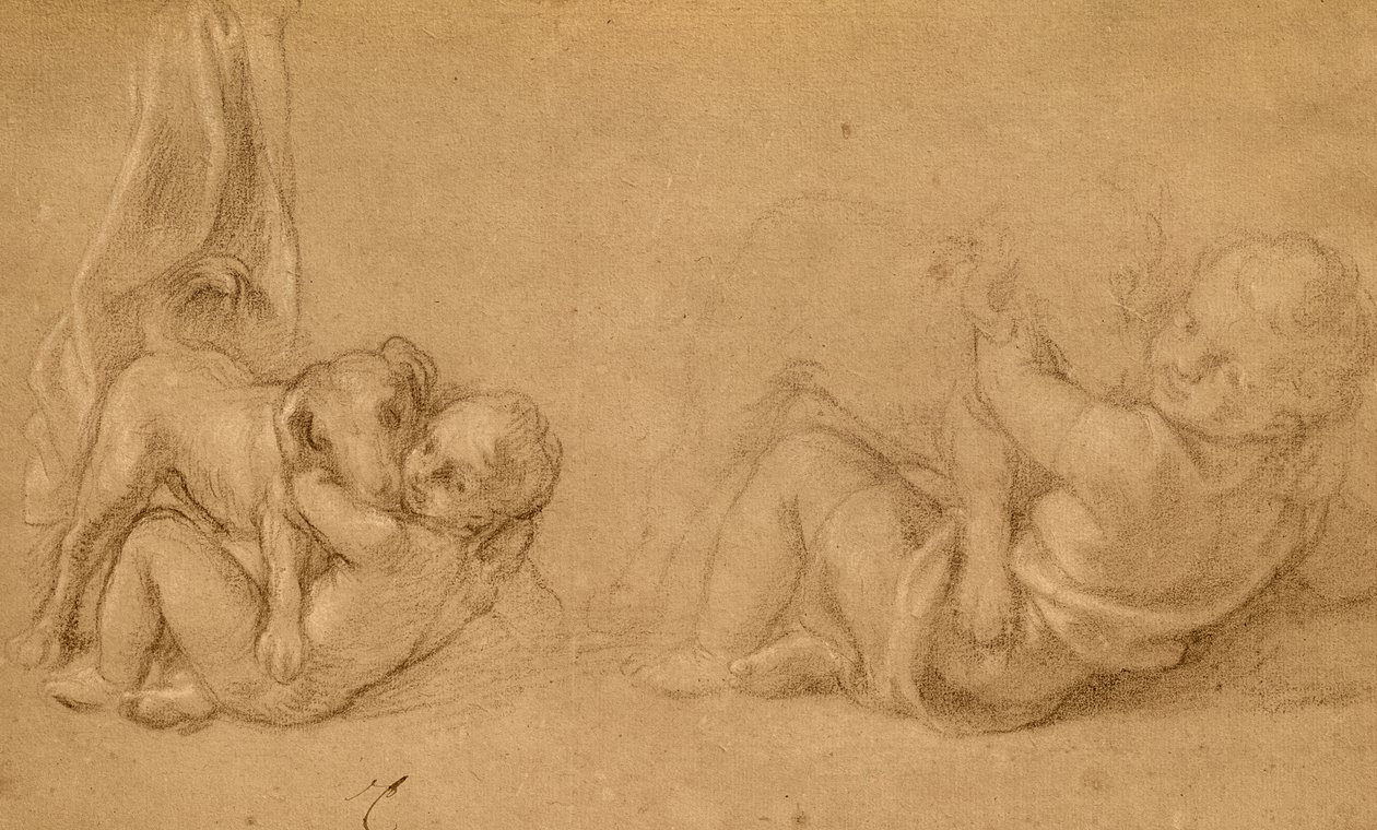 Studium dziecka z psem (ołówek i kredka na papierze) autorstwa Charles Le Brun