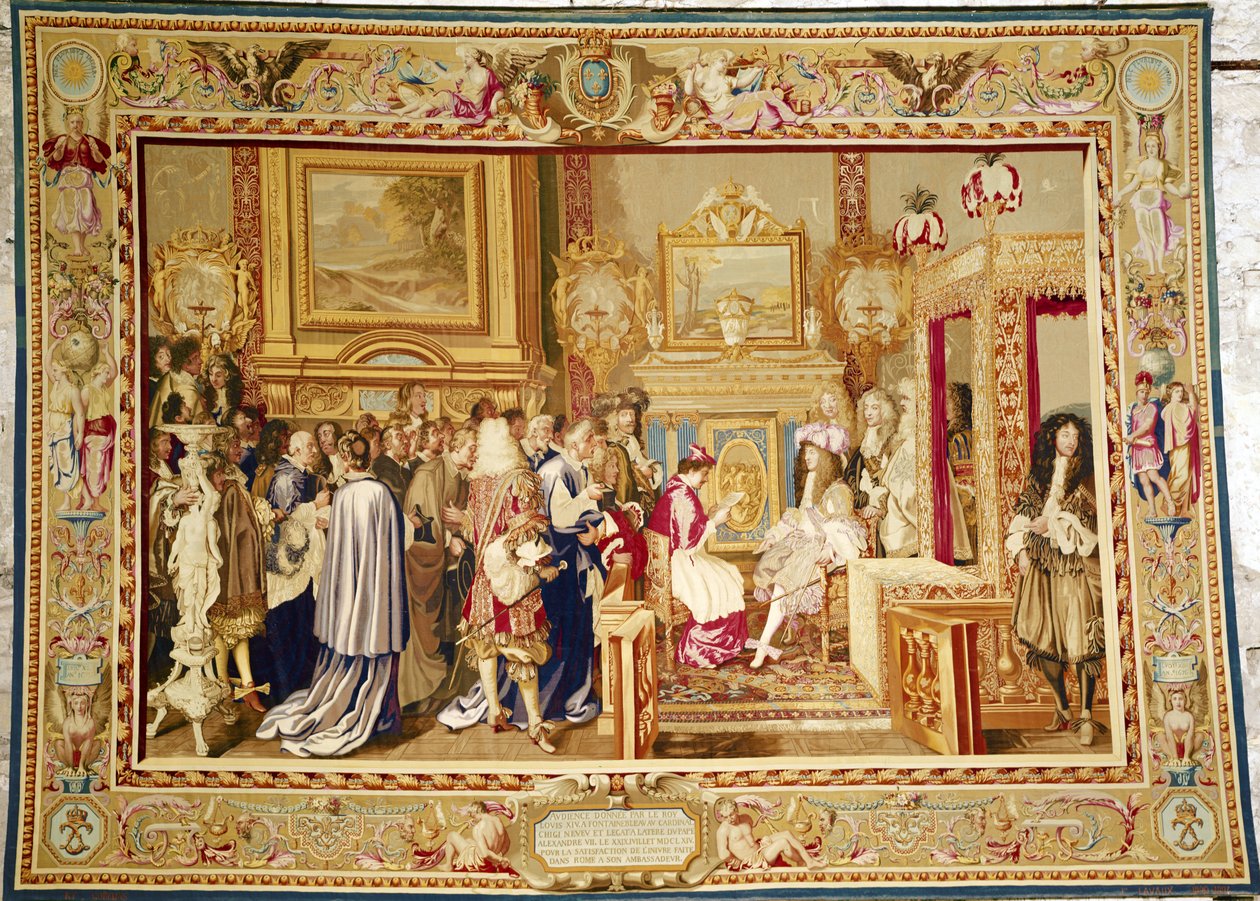 Audiencja kardynała Chigi z Ludwikiem XIV (1638-1715) w Fontainebleau, 29 lipca 1664, fabryka Gobelins (gobelin) autorstwa Charles Le Brun