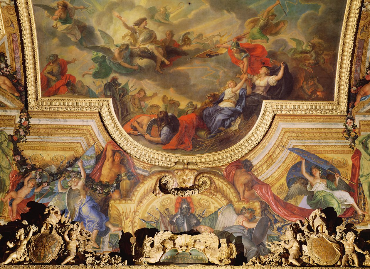 Zdobycie miasta i cytadeli Gandawy w ciągu sześciu dni w 1678 r., malowidło na suficie z Galerie des Glaces autorstwa Charles Le Brun