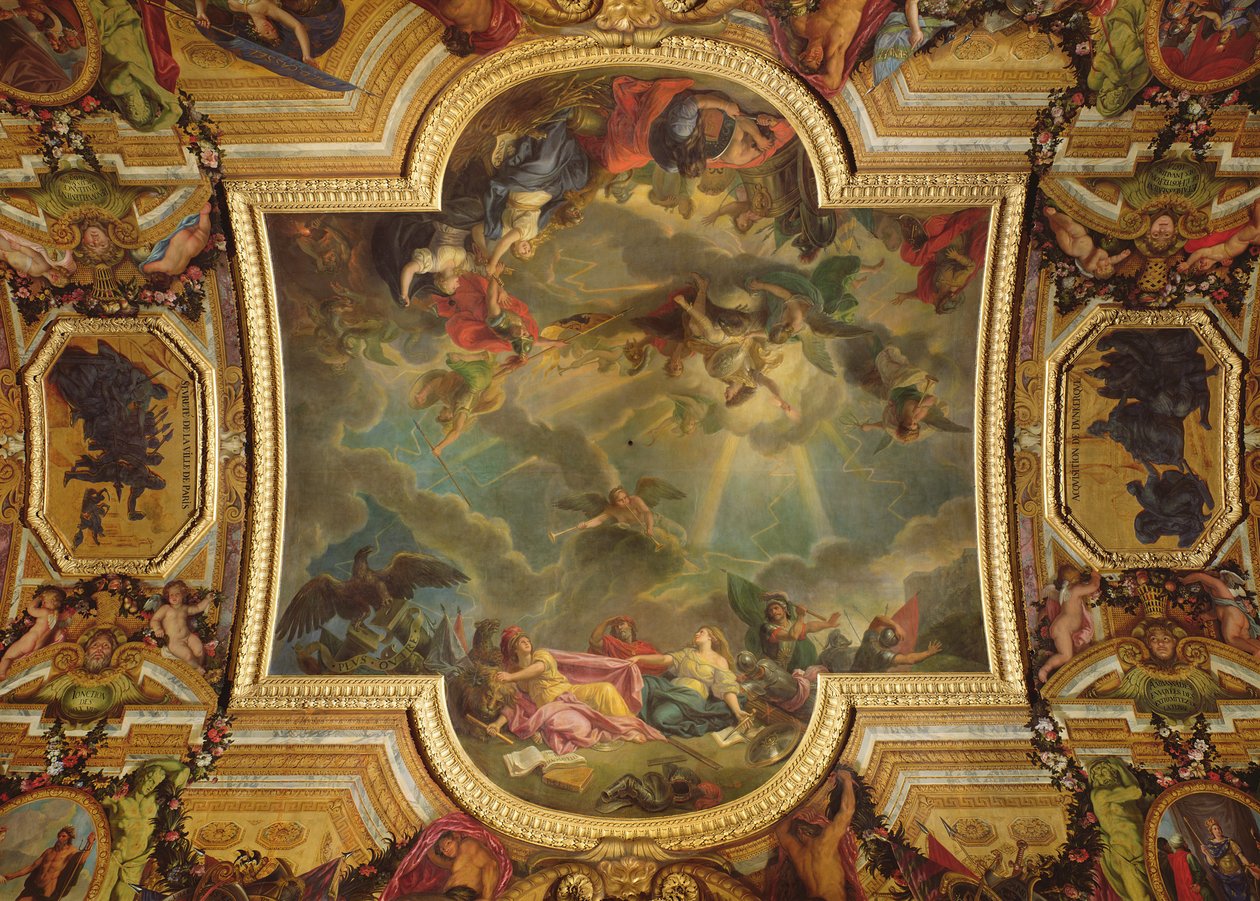 Zdobycie miasta i cytadeli w Gandawie w ciągu sześciu dni w 1678 r. oraz strategia Hiszpanów zrujnowana przez zdobycie Gandawy, malowidło sufitowe z Galerie des Glaces (zob. 165391 i 165392) autorstwa Charles Le Brun