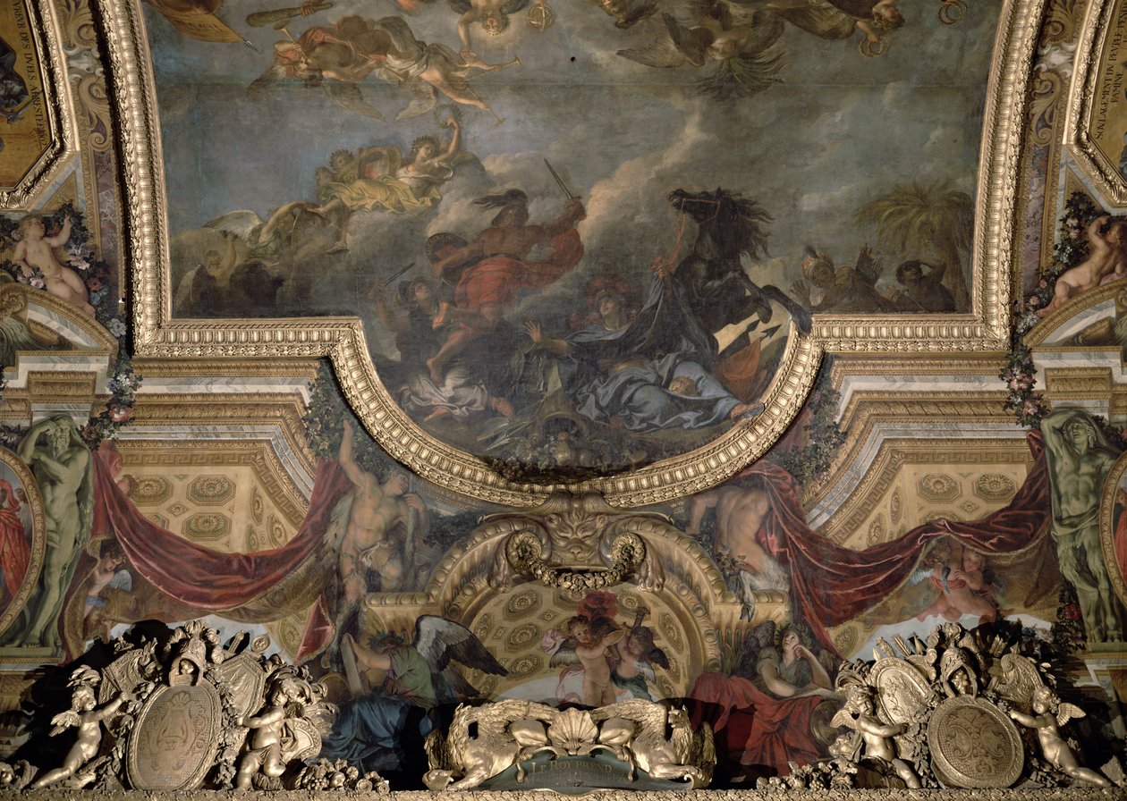 Król zabierający Maestricht w trzynaście dni w 1673 r., Malowidło na suficie z Galerie des Glaces autorstwa Charles Le Brun