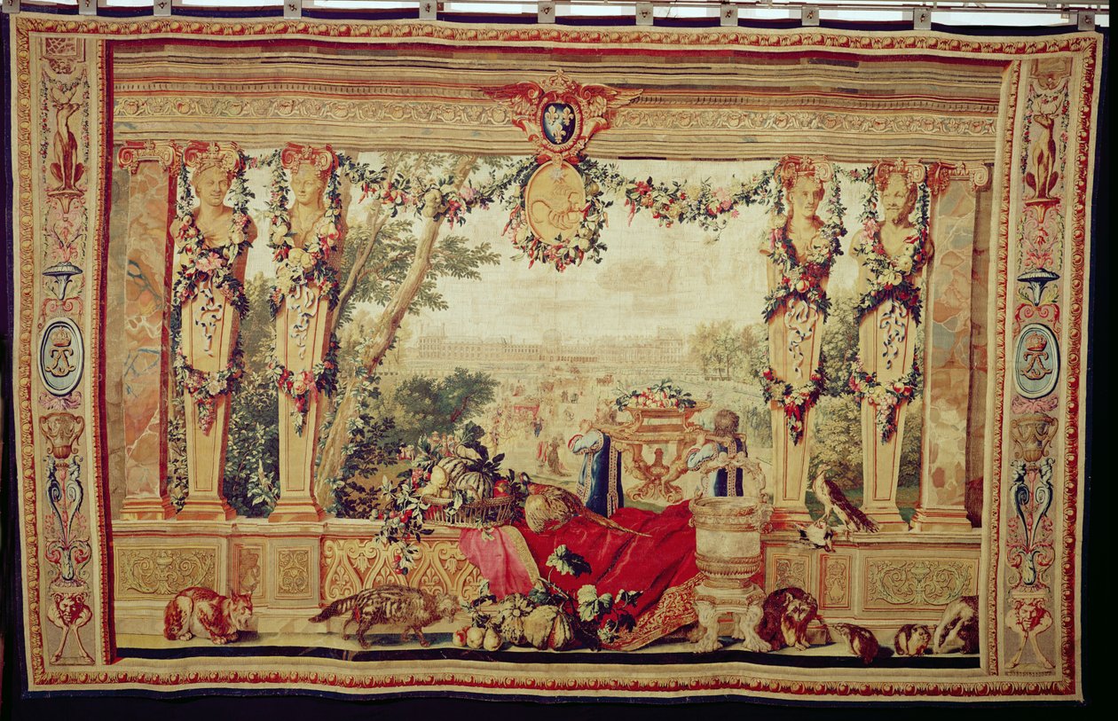 Miesiąc październik Zamek Tuileries, z serii gobelinów "Miesiące lub rezydencje królewskie", wyprodukowanych w pracowni Gobelinów dla Ludwika XIV (gobelin) autorstwa Charles Le Brun