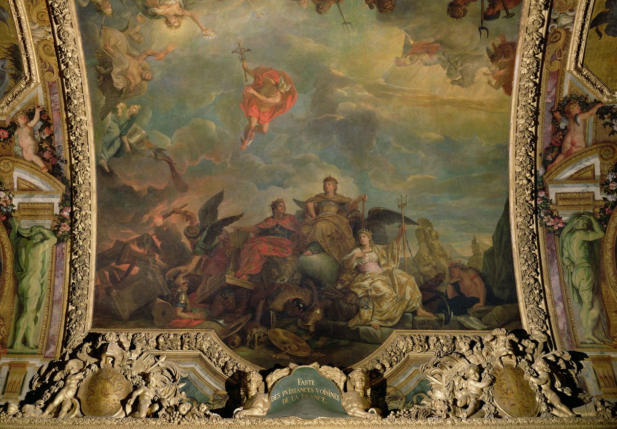 Zamożne sąsiednie mocarstwa Francji, malowidło sufitowe z Galerie des Glaces autorstwa Charles Le Brun