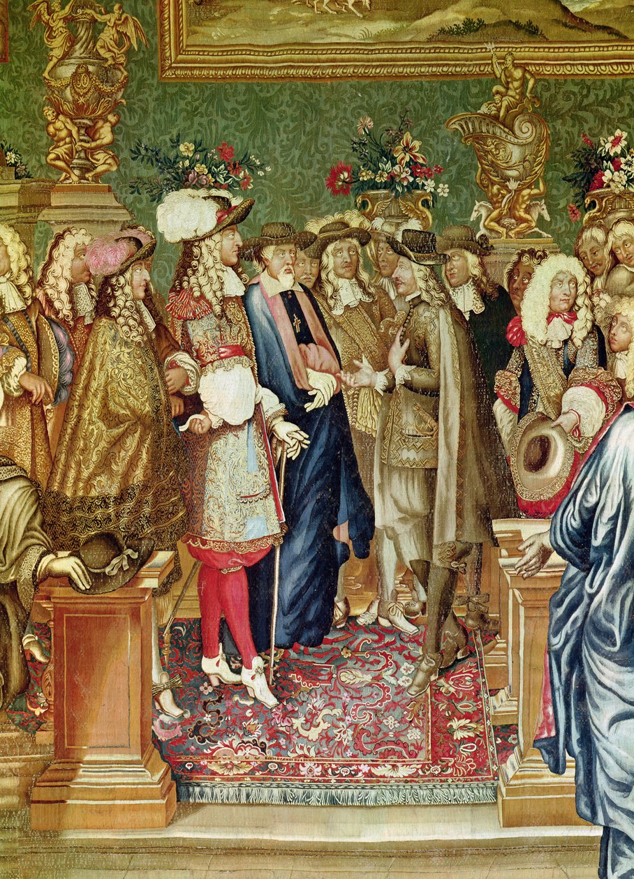 The Story of the King, audiencja udzielona przez Ludwika XIV hrabiemu Fuentes, ambasadorowi króla Hiszpanii Filipa IV w Luwrze, 24 marca 1662 szczegół Ludwika XIV i ambasadora, utkany z autorstwa Charles Le Brun