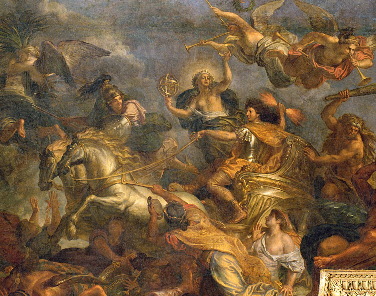 Widok Króla zdobywającego Maastricht w trzynaście dni w 1673 r. oraz Przejście przez Ren w obecności wrogów w 1672 r., malowidło sufitowe z Galerie des Glaces, 1678-86 detal 208101 autorstwa Charles Le Brun