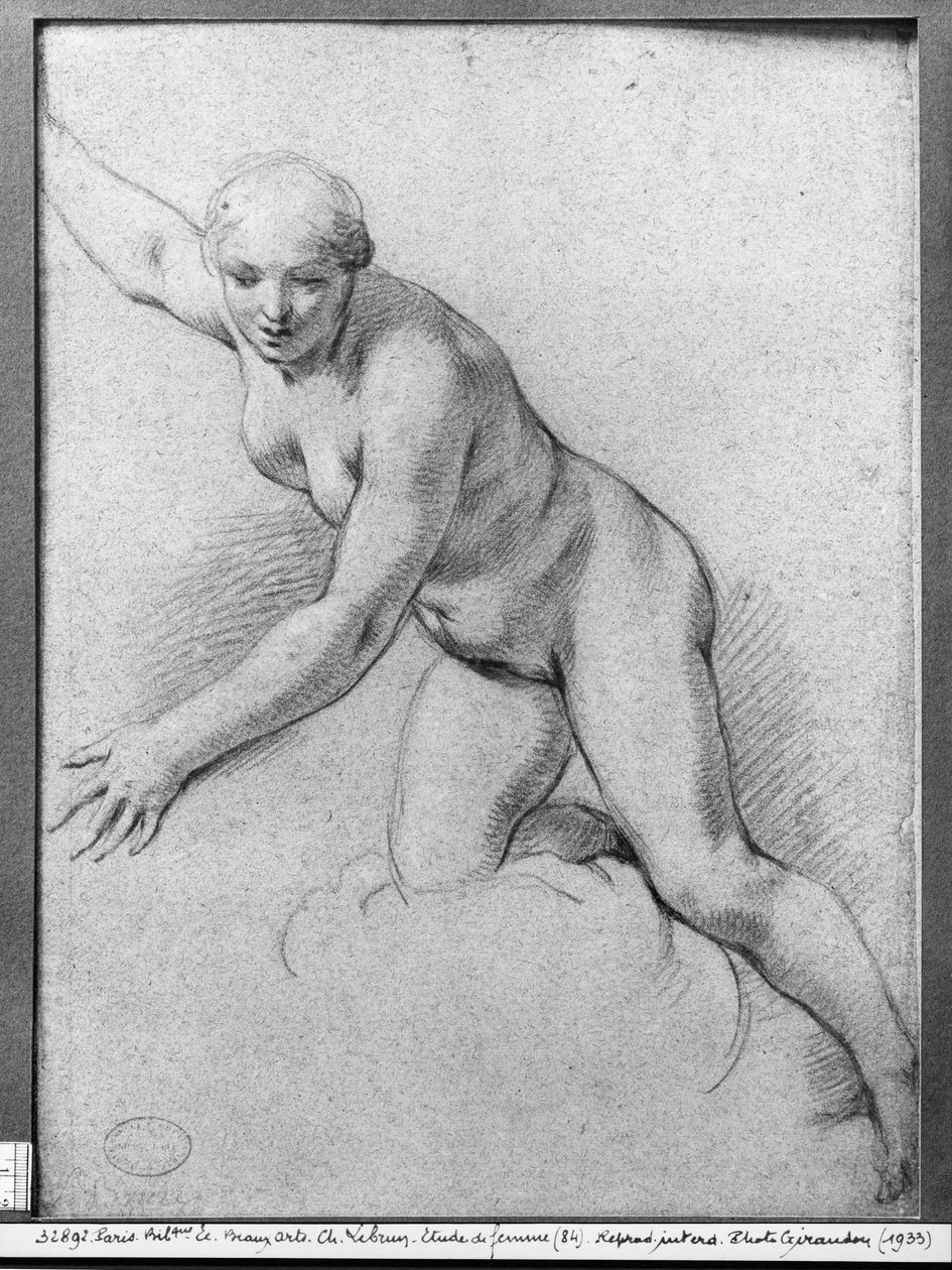 Kobieta klęcząca na chmurze (pierre noire na szarym papierze) autorstwa Charles Le Brun