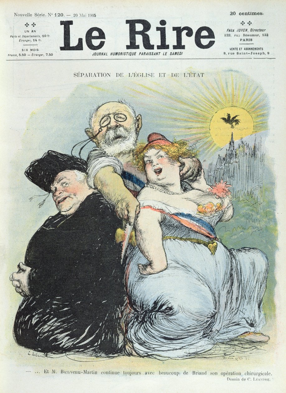 Jean-Baptiste Bienvenu-Martin (1847-1943) oddzielający państwo od Kościoła, karykatura z magazynu „Le Rire” 20 maja 1905 autorstwa Charles Leandre