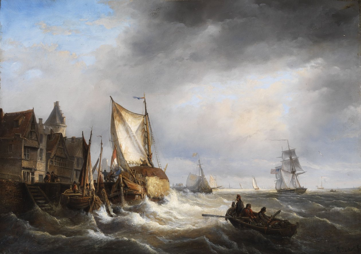 Wejście do portu, gdy morze jest wzburzone. autorstwa Charles Henri Joseph Leickert