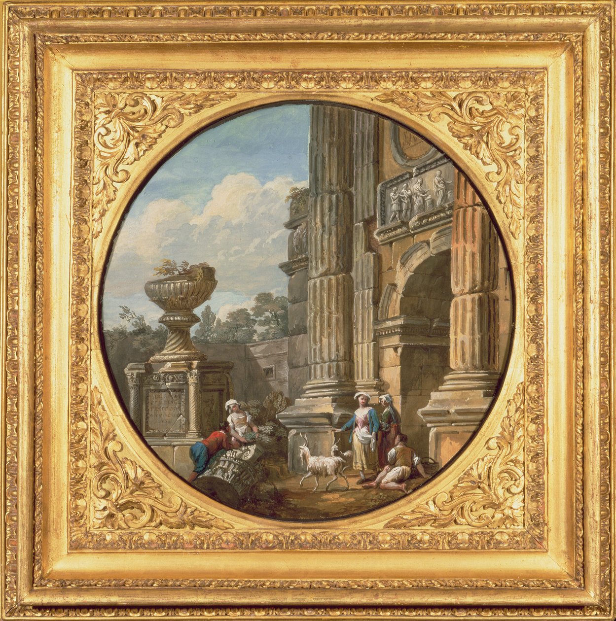Obiekt architektoniczny: Łuk, grobowiec, figury i kozy, 1760s autorstwa Charles Louis Clerisseau