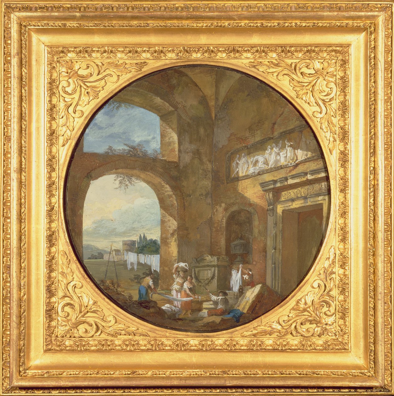 Wnętrze antycznej ruiny, z praczkami, 1763 autorstwa Charles Louis Clerisseau