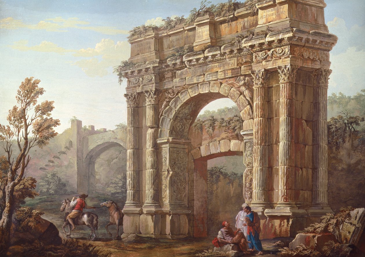 Chłopi w pobliżu Łuku Sergiusza w Poia autorstwa Charles Louis Clerisseau