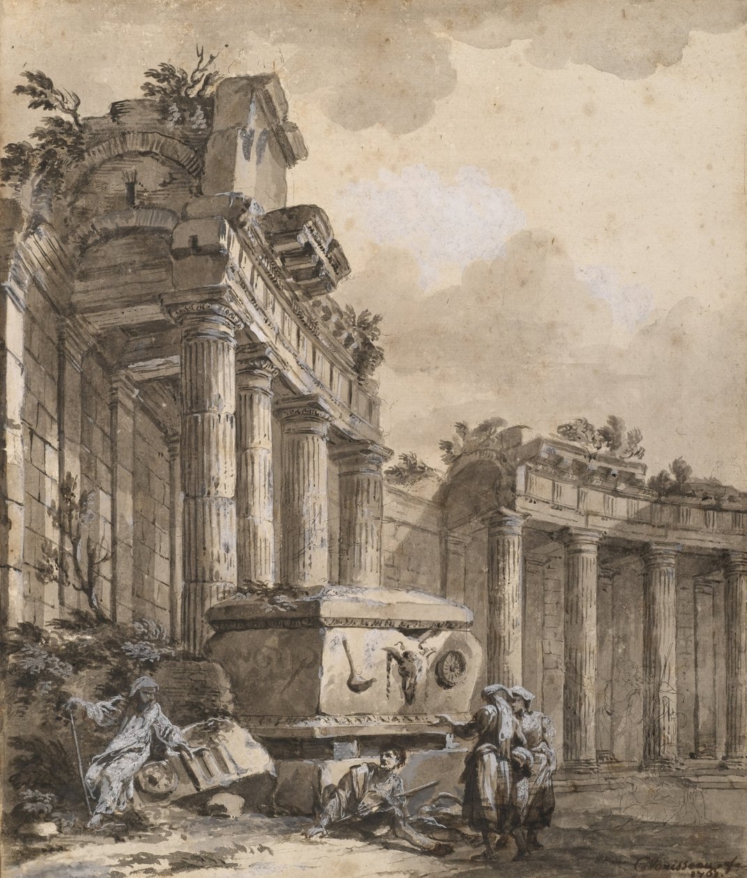 Figurki w pobliżu zrujnowanej kolumnady autorstwa Charles Louis Clerisseau