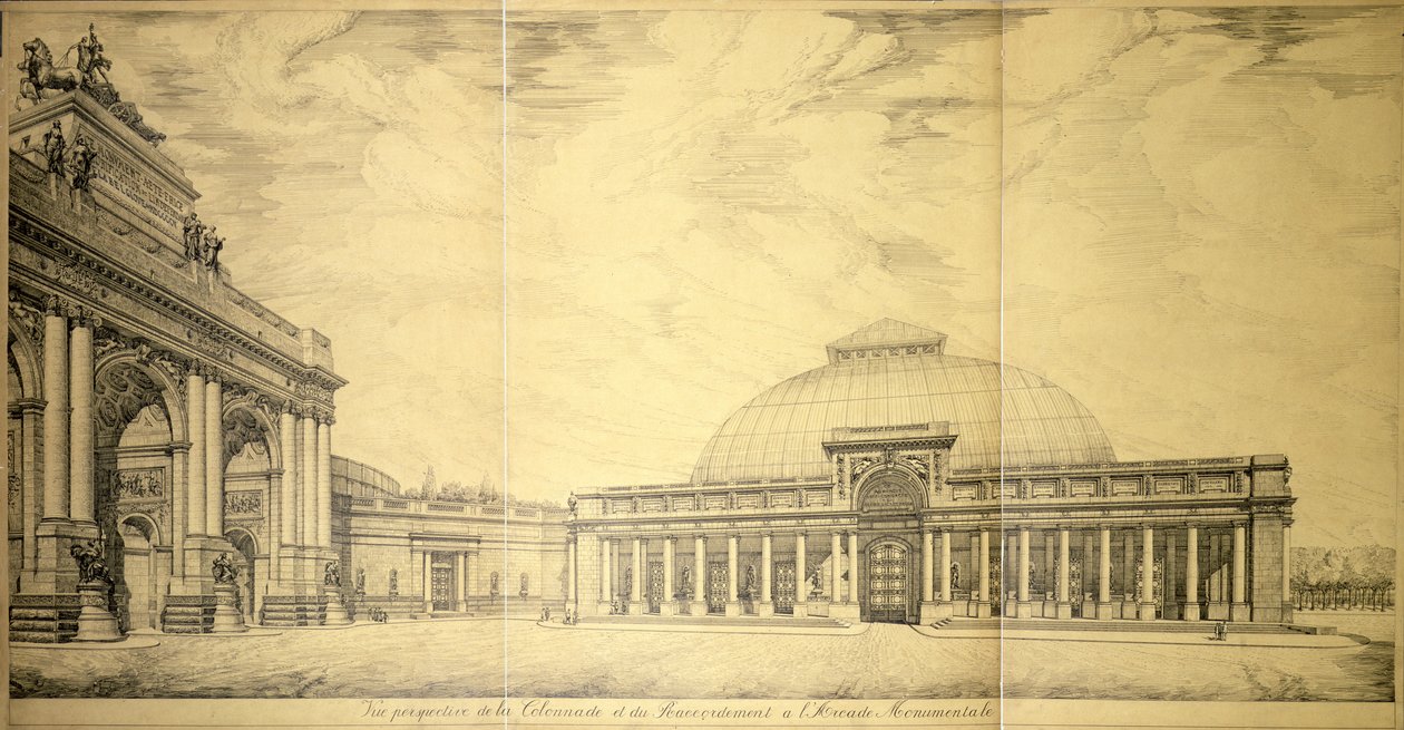 Łuk triumfalny i jedno z półkolistych skrzydeł Palais du Cinquantenaire, Bruksela, 1906 r. autorstwa Charles Louis Girault