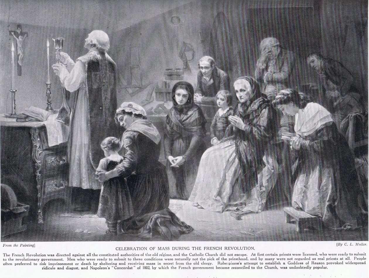 Celebracja mszy podczas Rewolucji Francuskiej, ilustracja z „Historii narodów Hutchinsona”, ok. 1915 autorstwa Charles Louis Lucien Muller